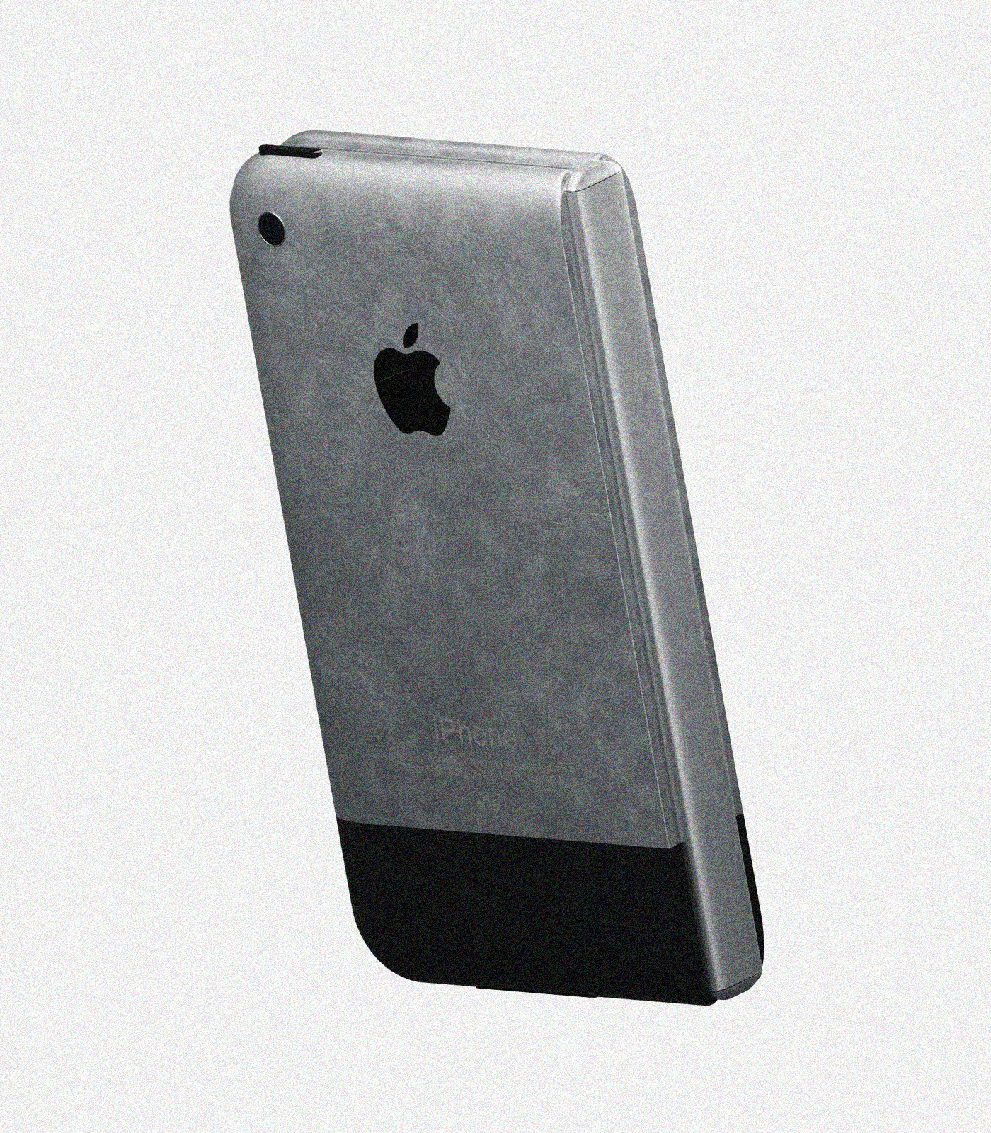 Closed iPhone Fold concept with a worn silver back, black Apple logo and black lower panel.