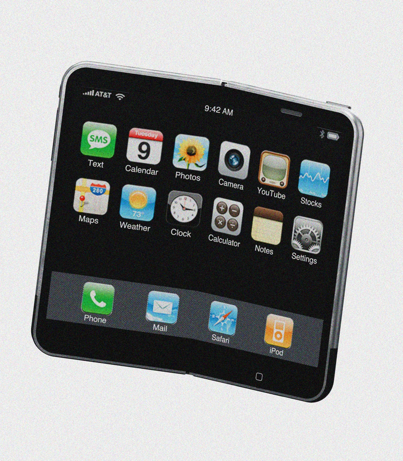Unfolded iPhone Fold concept with the original 2007 home-screen icons across its wider display.