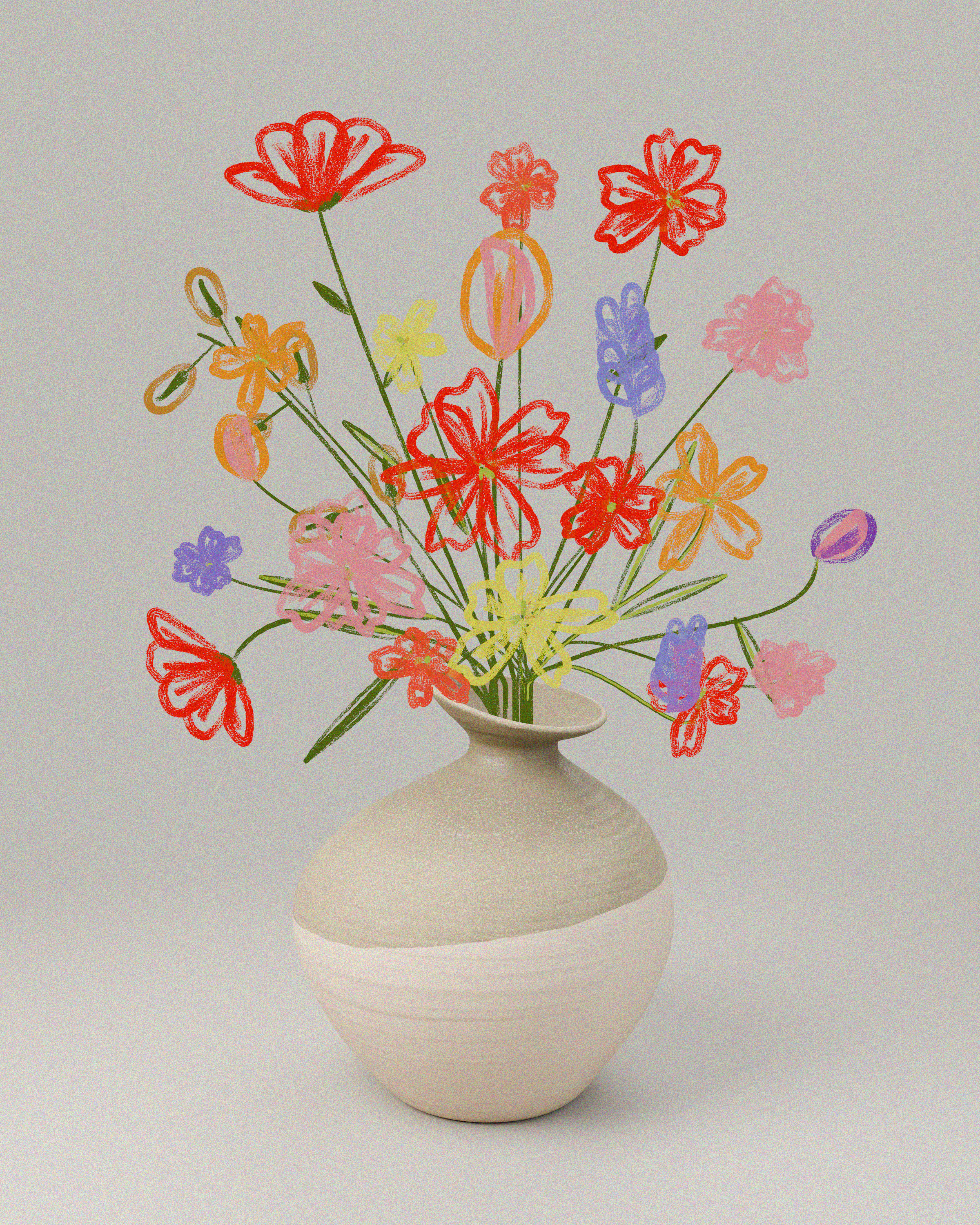 Colourful, loosely drawn oil-pastel-style flowers in a rounded, half-glazed stoneware vase against a warm grey background.